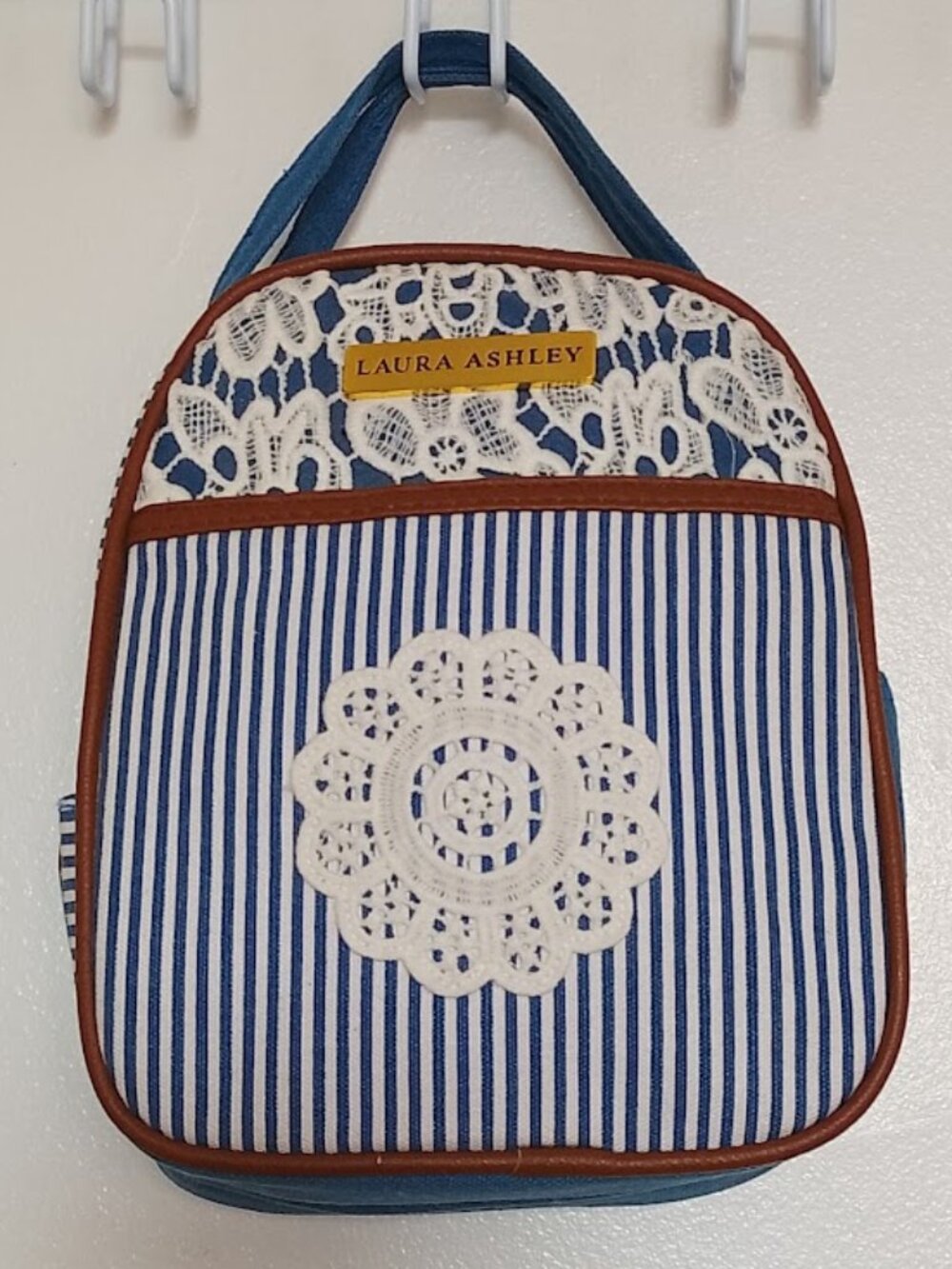 Laura Ashley Blue & White Insulated Lunch Bag w/Stripes, Lace Detail